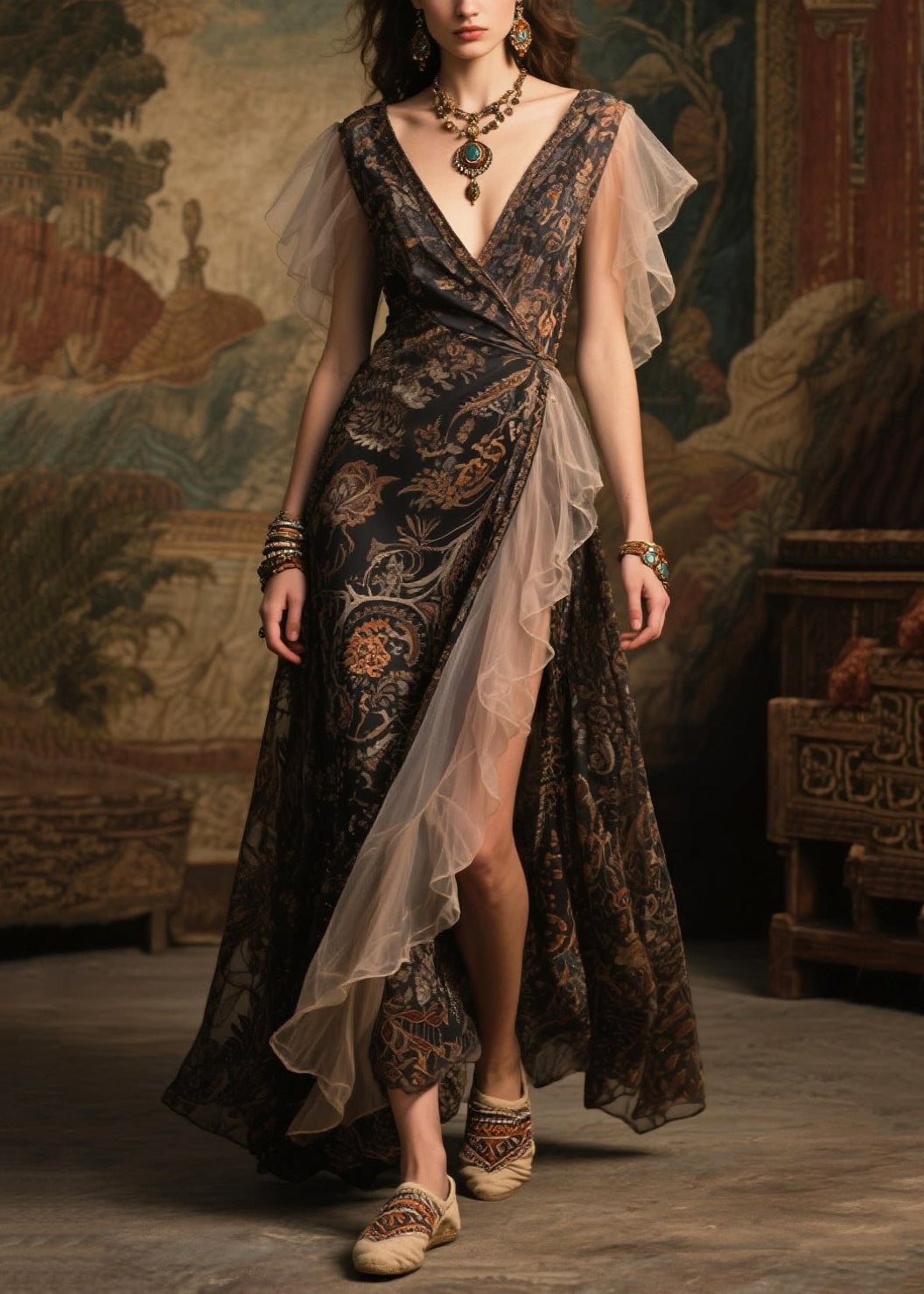 Black Patchwork Chiffon Party Dress Side Open Butterfly Sleeve