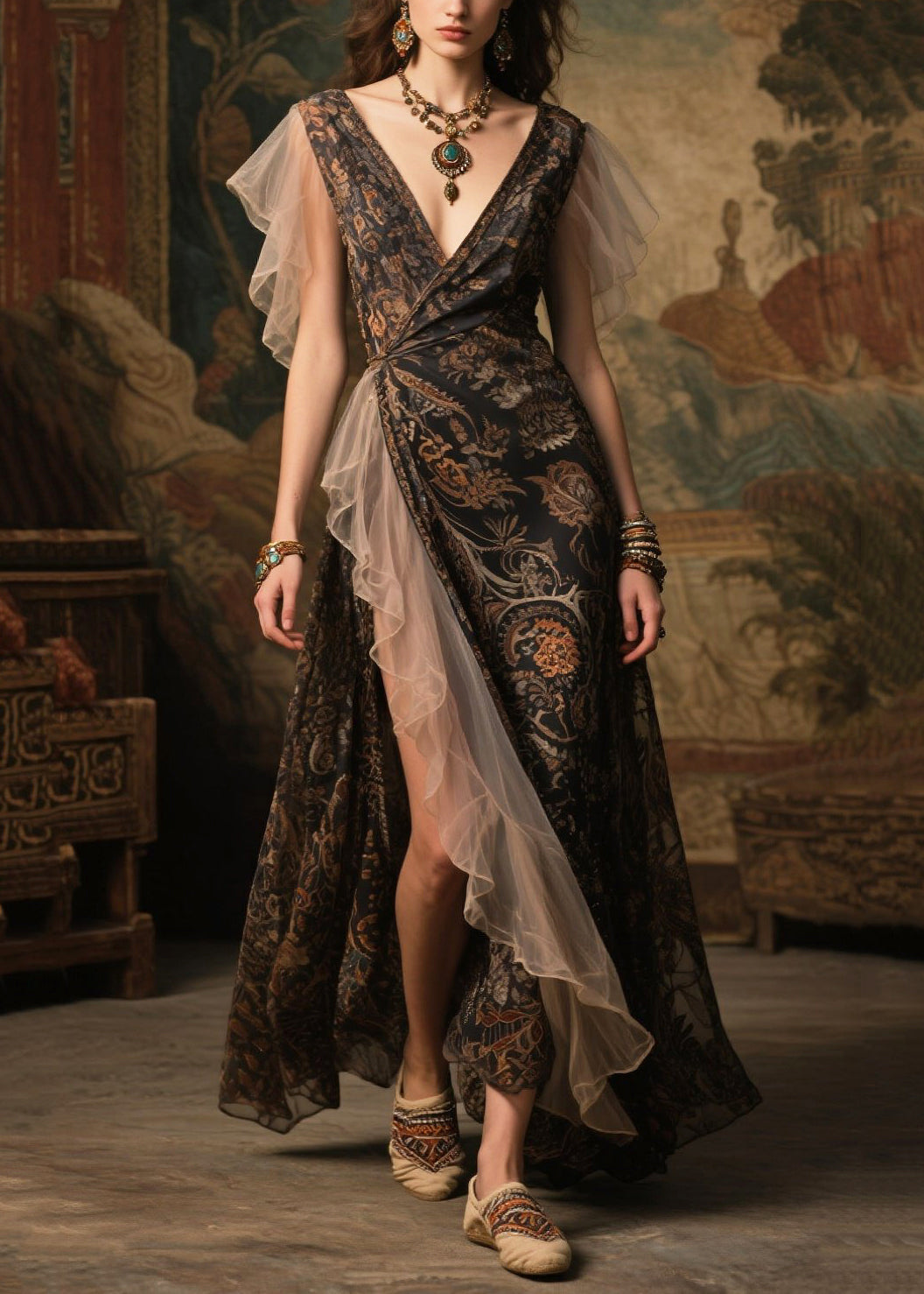 Black Patchwork Chiffon Party Dress Side Open Butterfly Sleeve