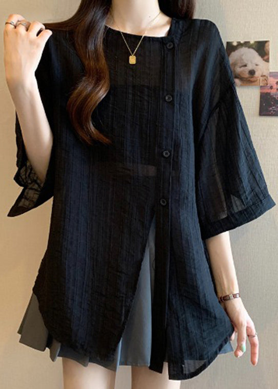 Black Patchwork Chiffon Shirts Asymmetrical Spring