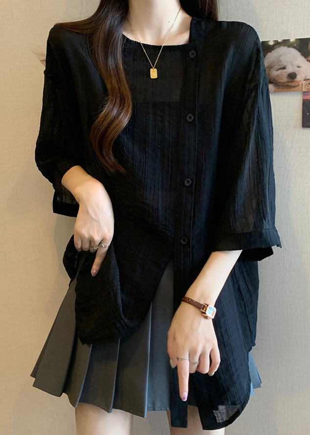 Black Patchwork Chiffon Shirts Asymmetrical Spring