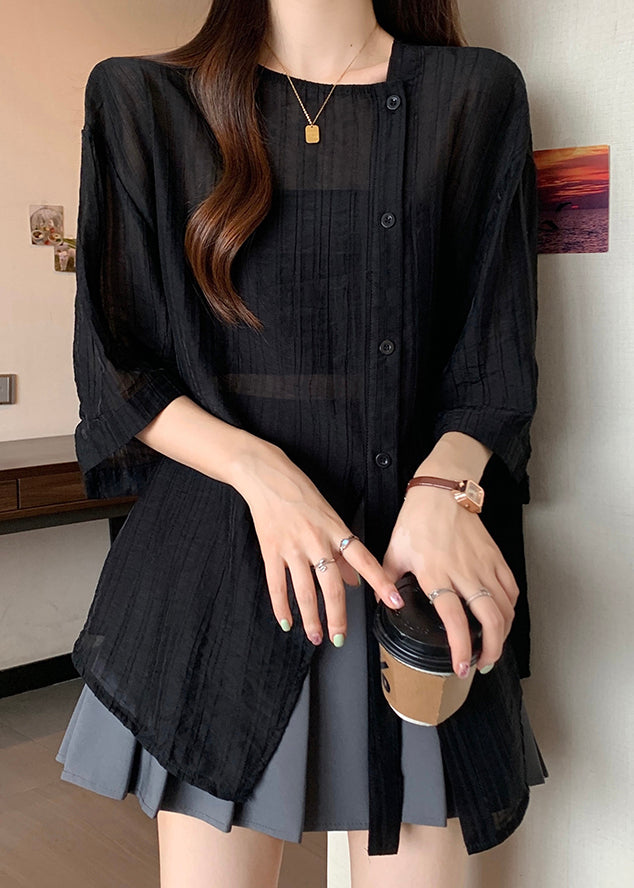 Black Patchwork Chiffon Shirts Asymmetrical Spring