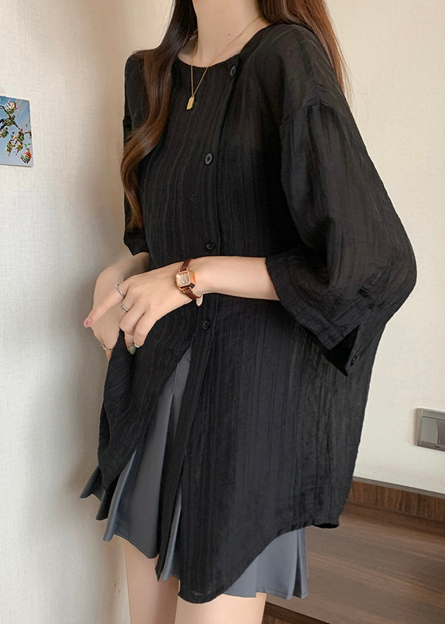 Black Patchwork Chiffon Shirts Asymmetrical Spring