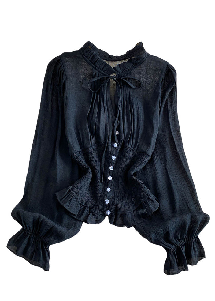 Black Patchwork Cotton Blouse Top Ruffled Wrinkled Summer