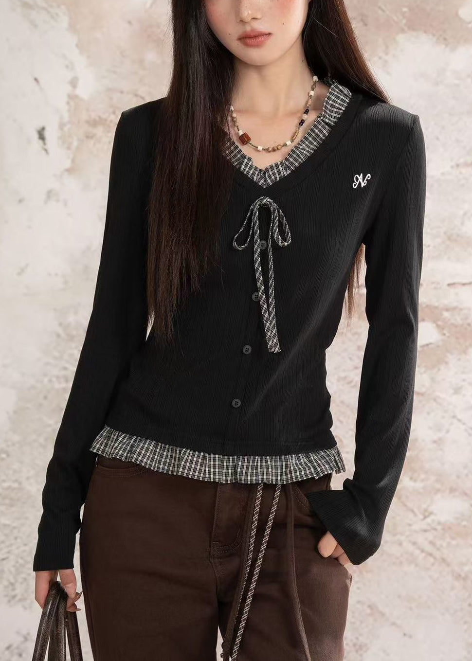 Black Patchwork Cotton Fake Two Piece Tops Ruffled Fall