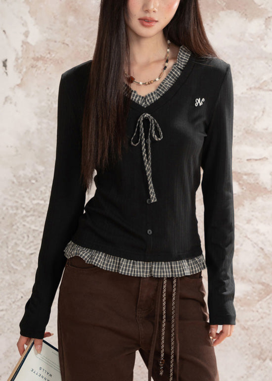 Black Patchwork Cotton Fake Two Piece Tops Ruffled Fall