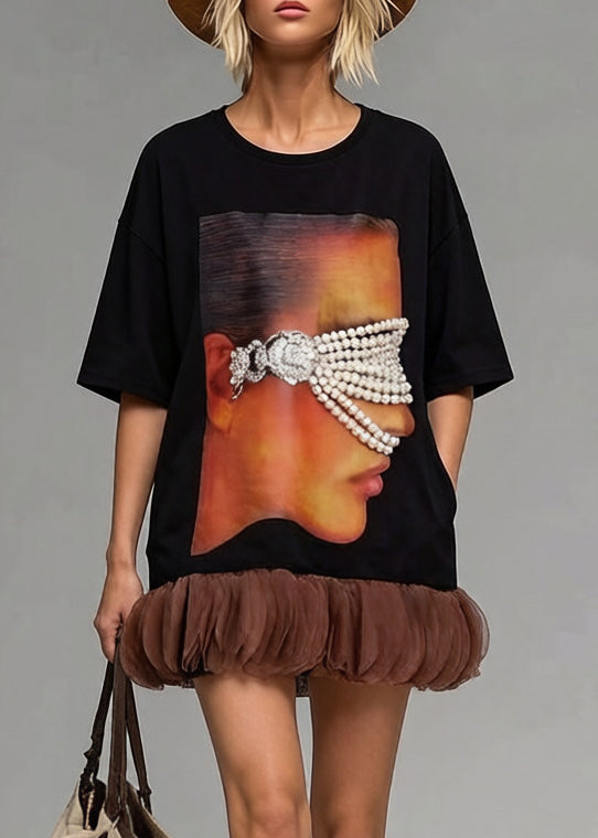 Black Patchwork Cotton Long Tops Oversized Print Pearl Summer