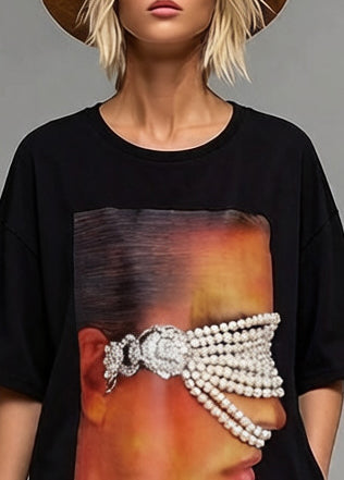 Black Patchwork Cotton Long Tops Oversized Print Pearl Summer