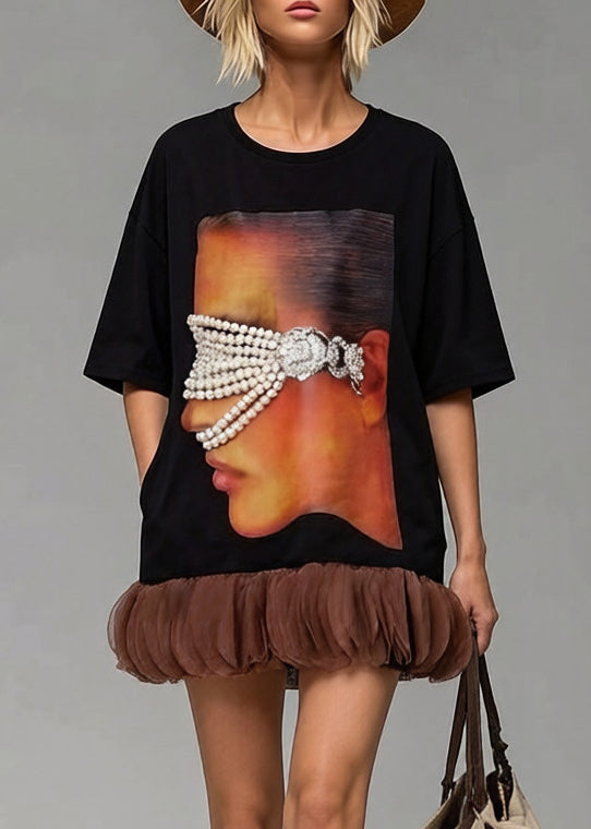 Black Patchwork Cotton Long Tops Oversized Print Pearl Summer