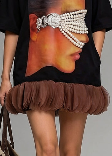 Black Patchwork Cotton Long Tops Oversized Print Pearl Summer