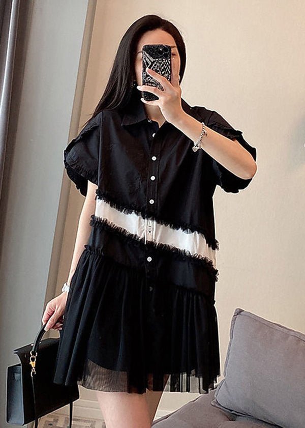 Black Patchwork Cotton Mini Dresses Oversized Wrinkled Summer