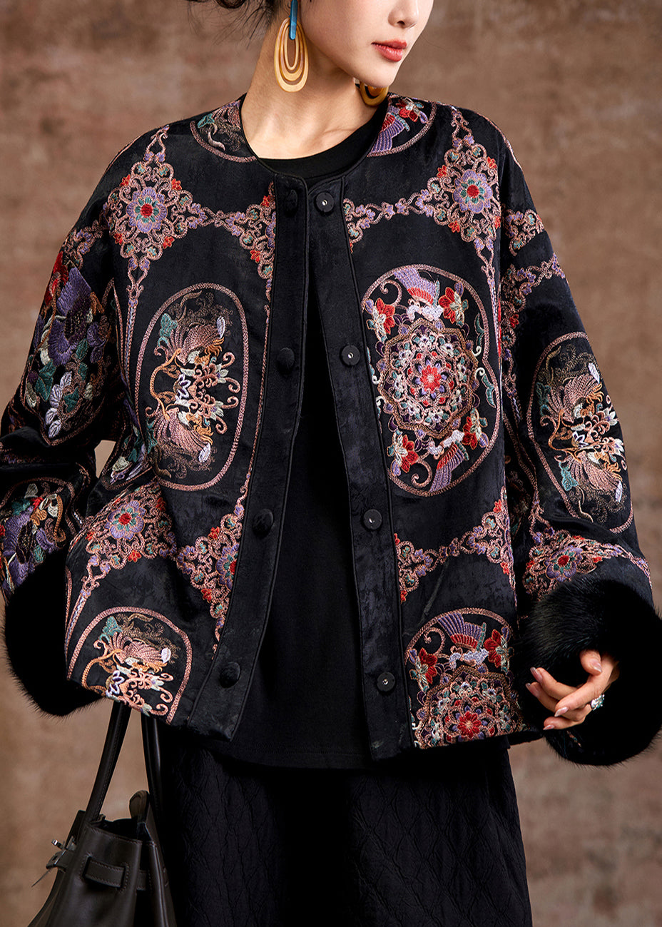 Black Patchwork Fine Cotton Filled Jackets Embroidered Mink Hair Winter