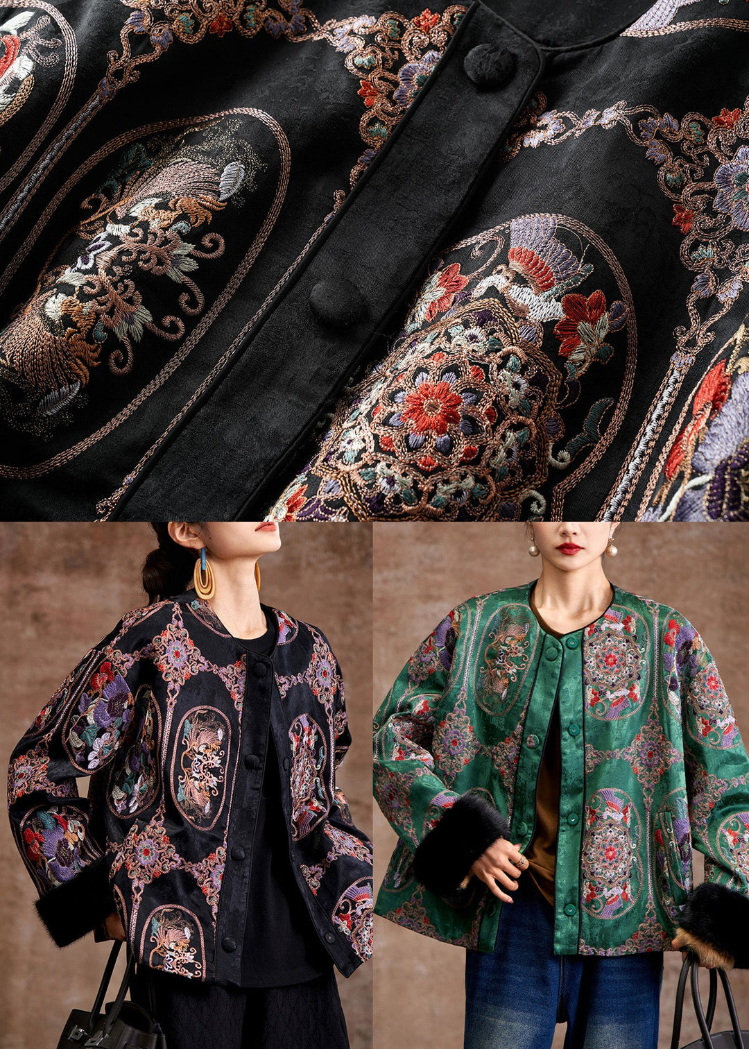 Black Patchwork Fine Cotton Filled Jackets Embroidered Mink Hair Winter