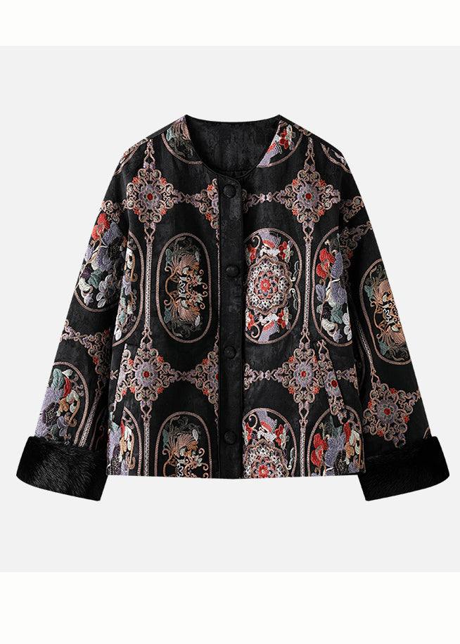 Black Patchwork Fine Cotton Filled Jackets Embroidered Mink Hair Winter