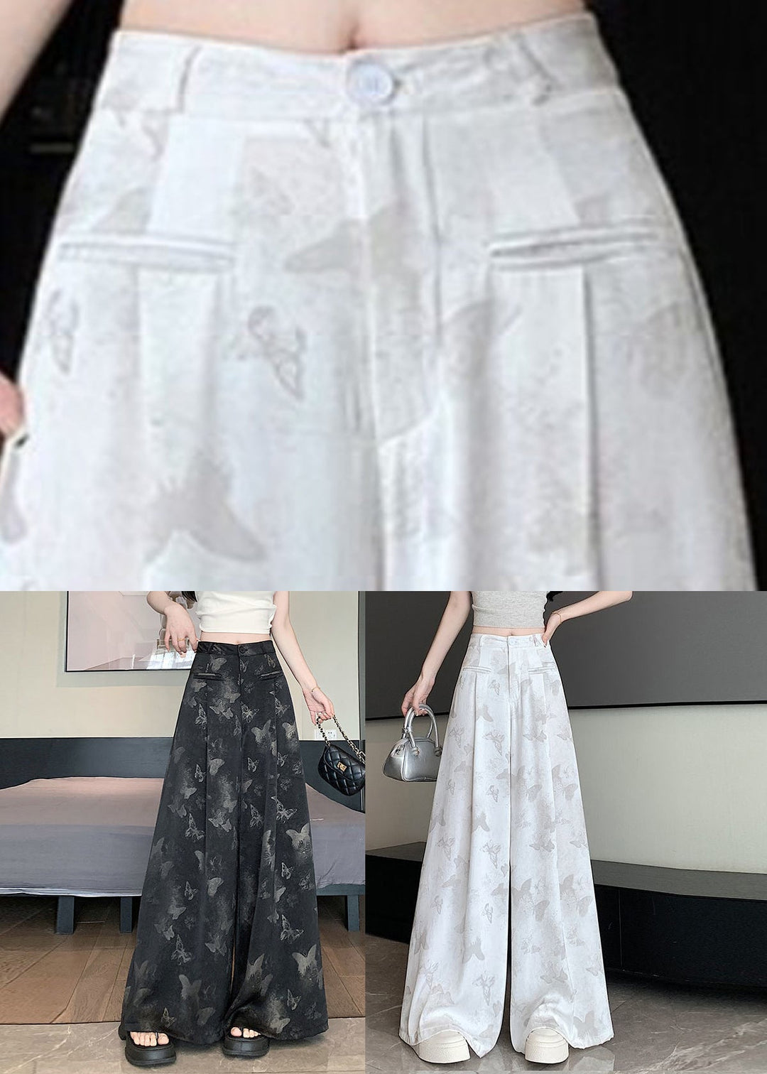 Black Patchwork High Waist Wide Leg Pants Summer