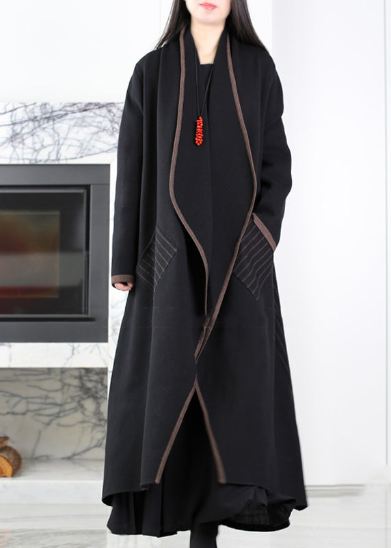 Black Patchwork Knit Coat Outwear Peter Pan Collar Striped Winter