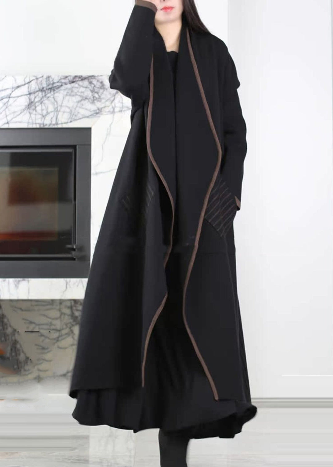 Black Patchwork Knit Coat Outwear Peter Pan Collar Striped Winter