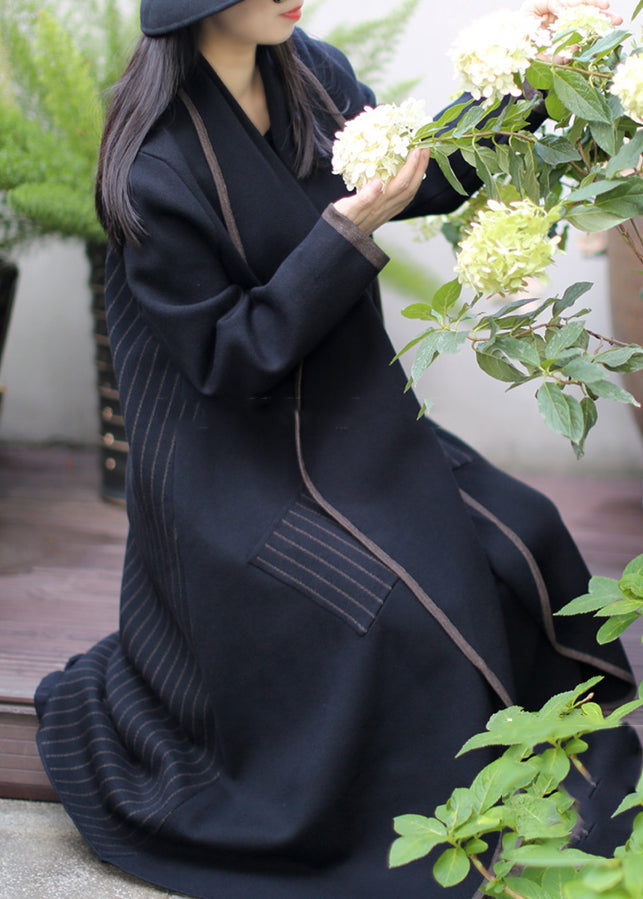 Black Patchwork Knit Coat Outwear Peter Pan Collar Striped Winter