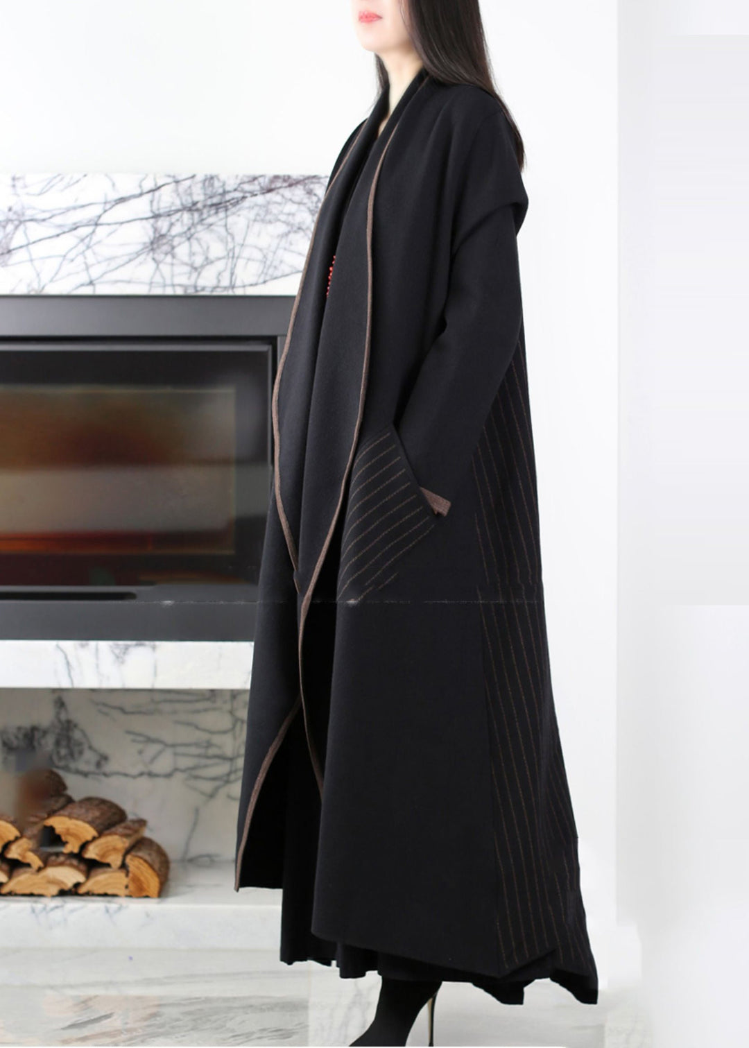 Black Patchwork Knit Coat Outwear Peter Pan Collar Striped Winter