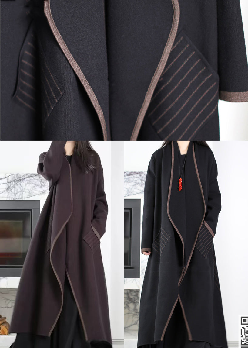 Black Patchwork Knit Coat Outwear Peter Pan Collar Striped Winter
