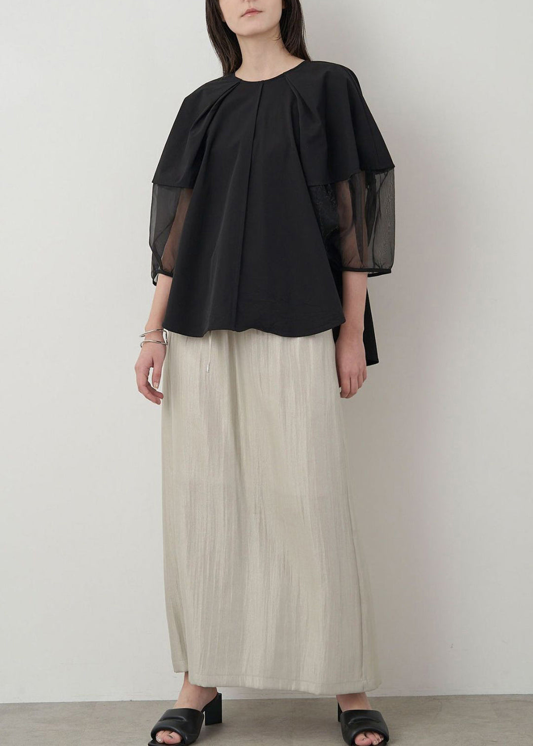 Black Patchwork Organza Shirt Oversized Puff Sleeve