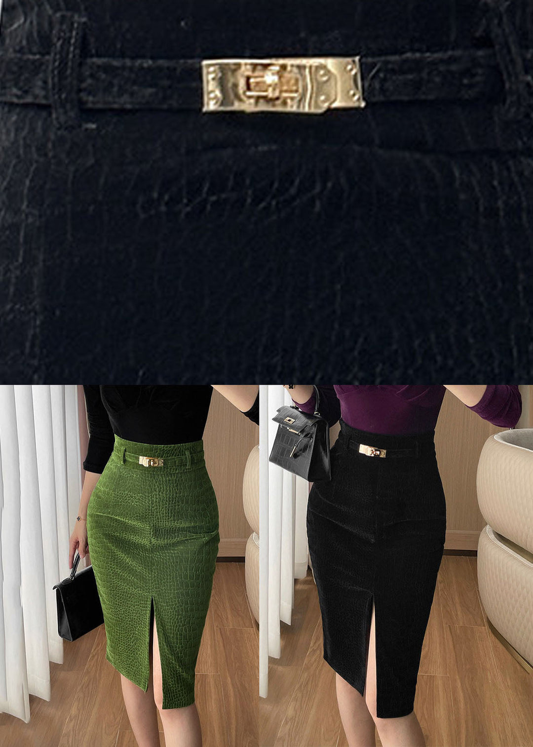 Black Patchwork Side Open Silk Velvet Skirt