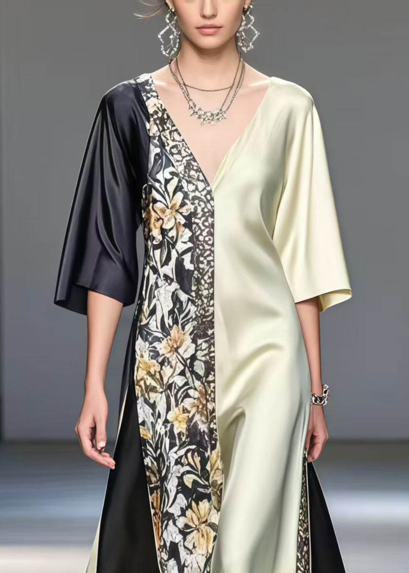 Black Patchwork Silk Long Dresses Asymmetrical Print Summer