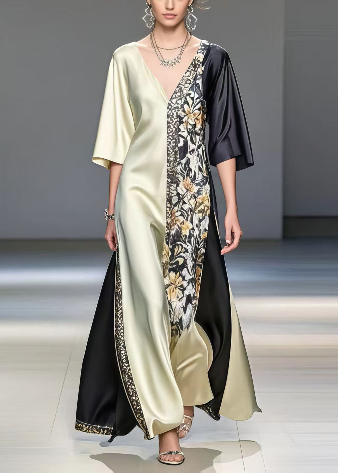 Black Patchwork Silk Long Dresses Asymmetrical Print Summer