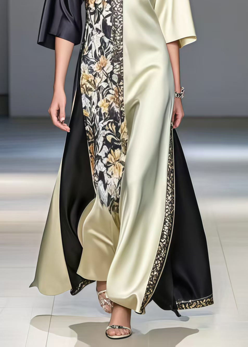 Black Patchwork Silk Long Dresses Asymmetrical Print Summer