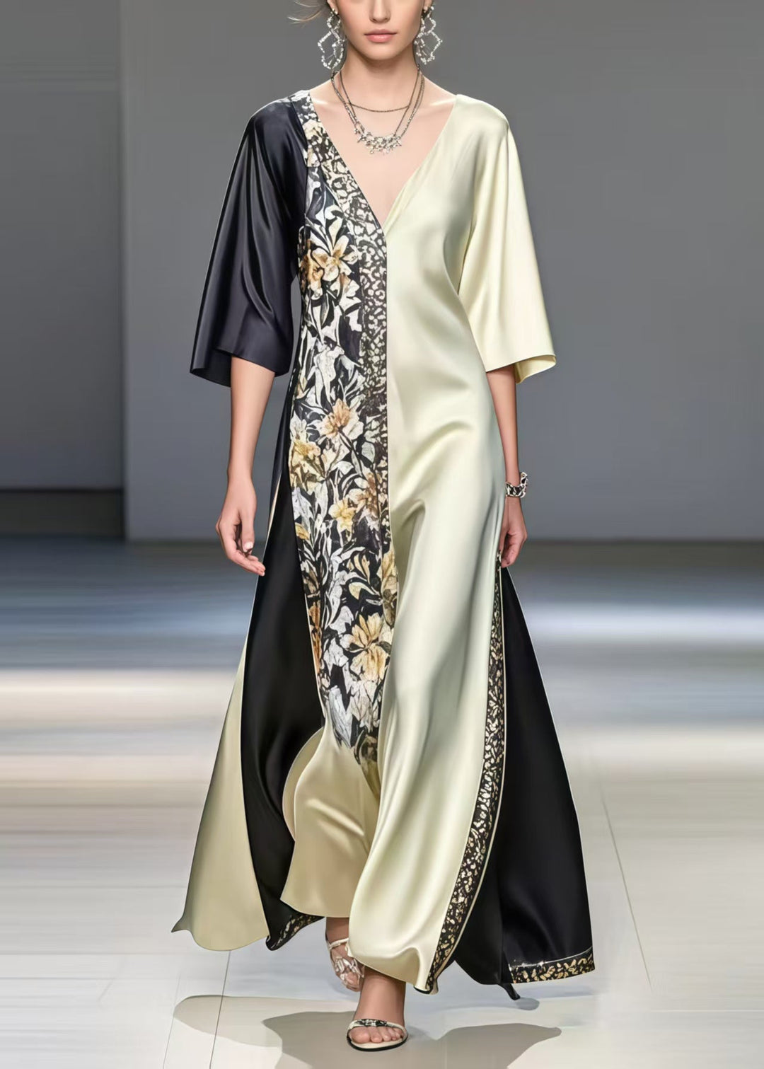 Black Patchwork Silk Long Dresses Asymmetrical Print Summer