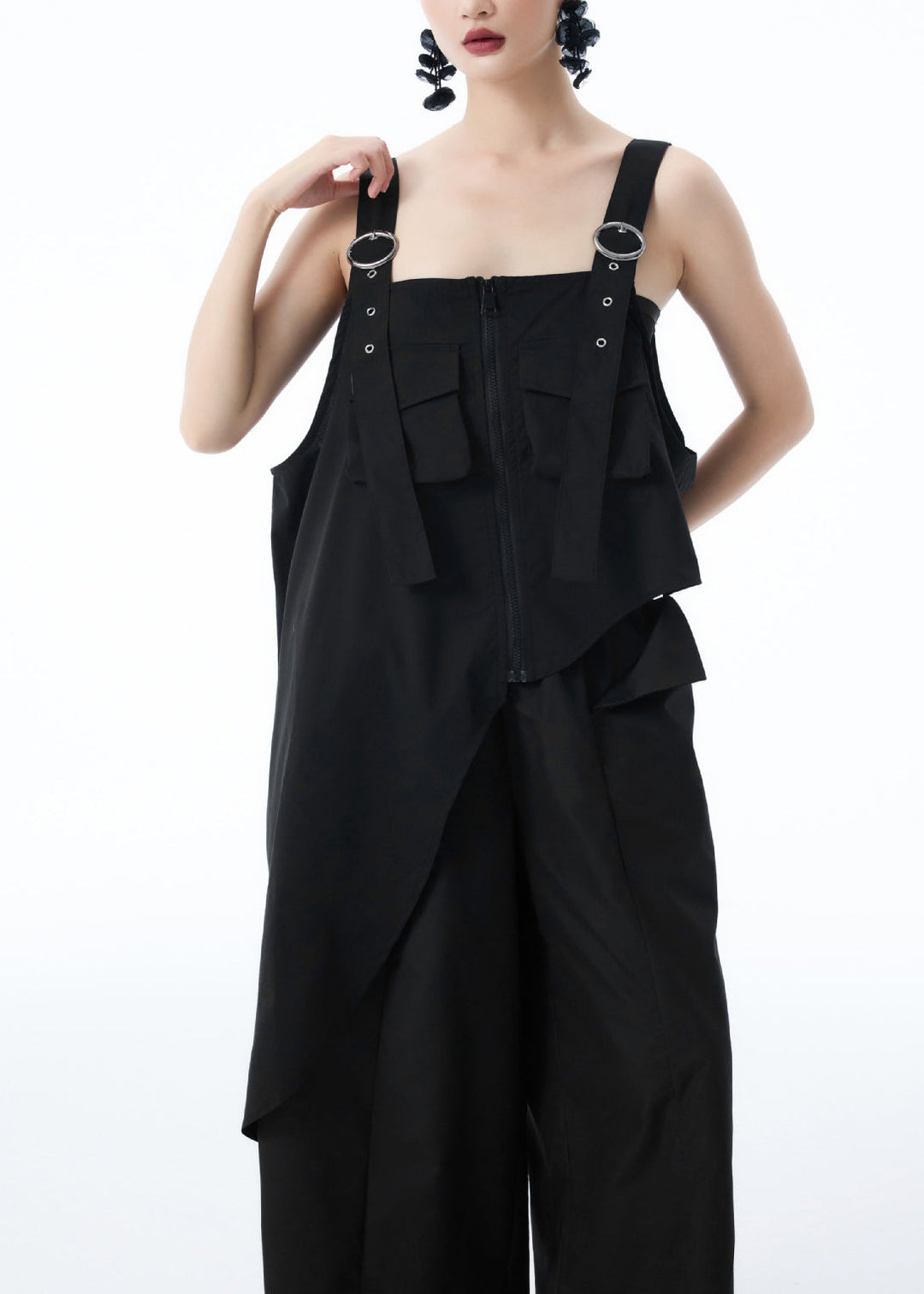 Black Patchwork Stylish Top Shirt Asymmetrical Pockets Summer