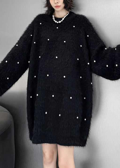 Black Pearl Cozy Oversized Mink Hair Knitted Sweater O Neck