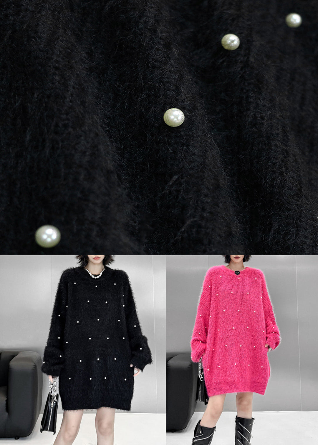 Black Pearl Cozy Oversized Mink Hair Knitted Sweater O Neck