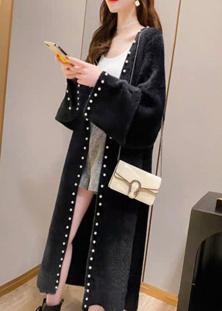 Black Pearl Cozy Solid Knit Spring Coat V Neck