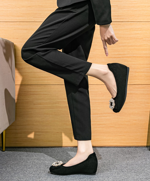 Black Pearl Decorated Splicing Wedge Penny Loafers