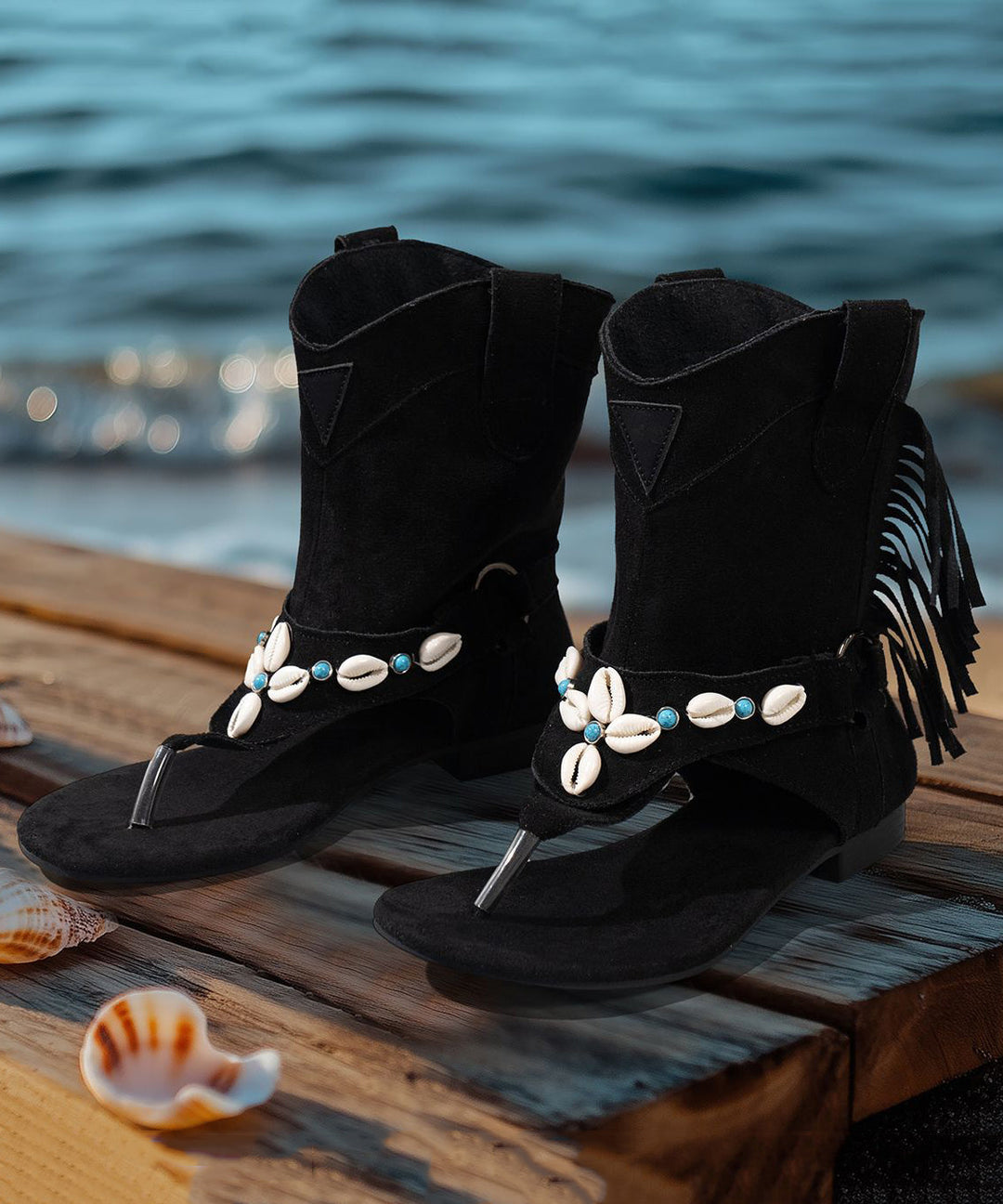 Black Peep Toe Splicing Low Heel Sandals Boots Tasseled