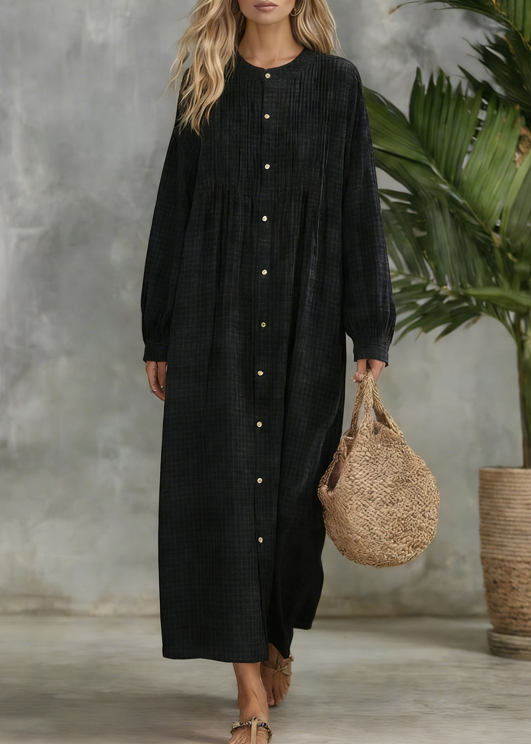 Black Plaid Button Cotton Blouses Dress O Neck Spring