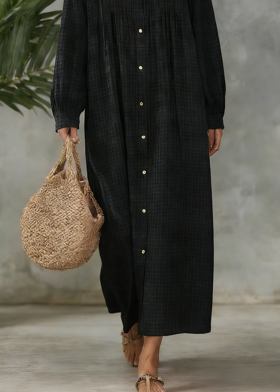 Black Plaid Button Cotton Blouses Dress O Neck Spring