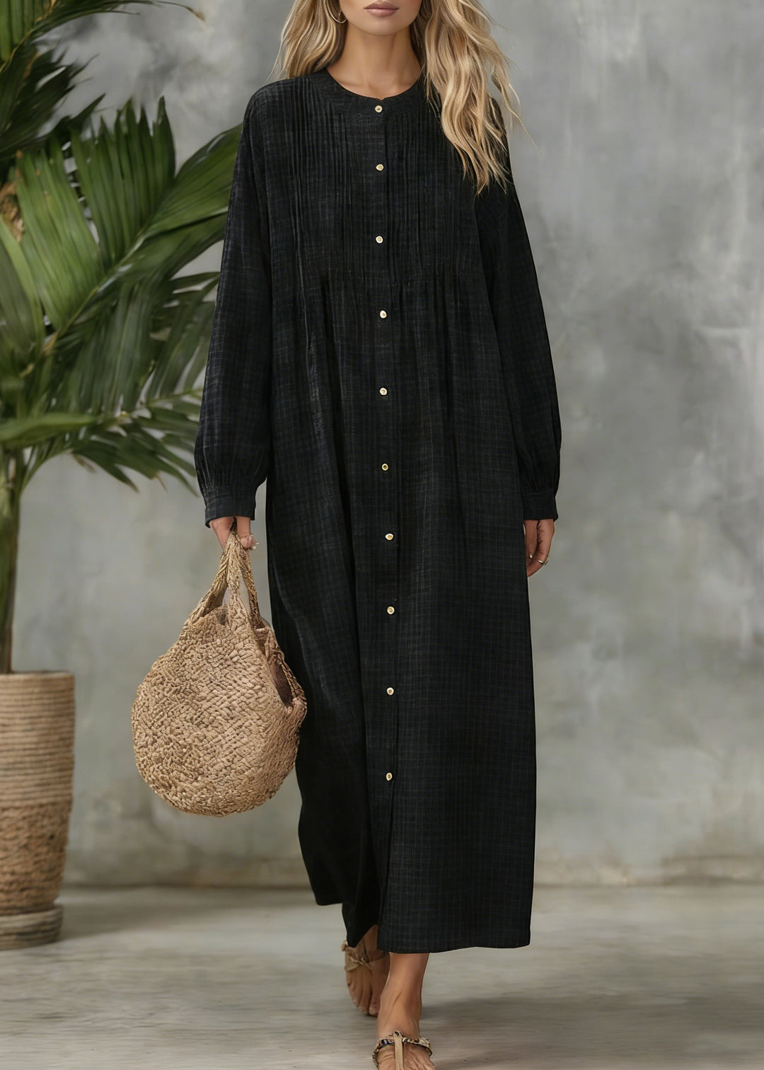 Black Plaid Button Cotton Blouses Dress O Neck Spring