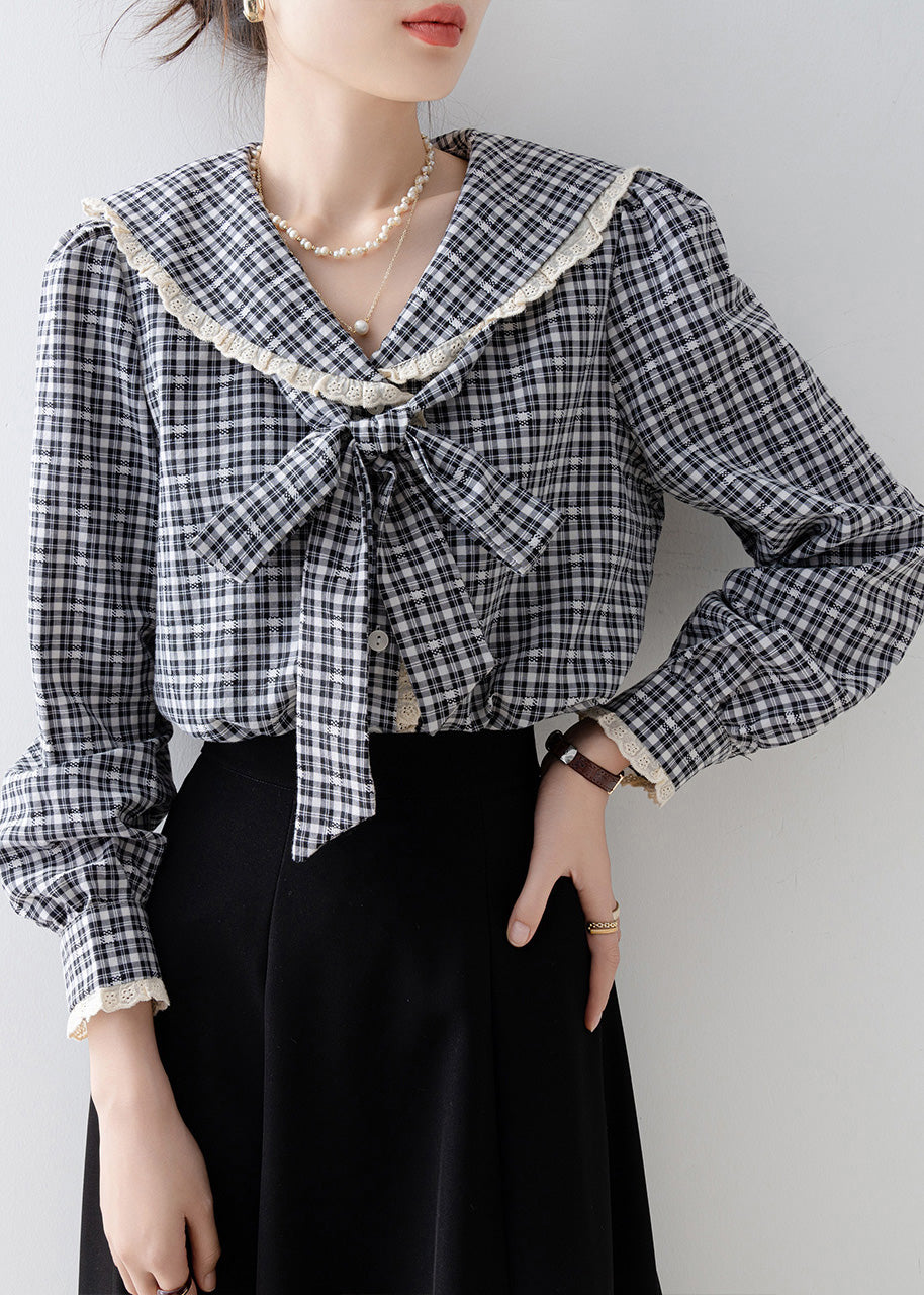 Black Plaid Cotton Top Peter Pan Collar Bow Spring