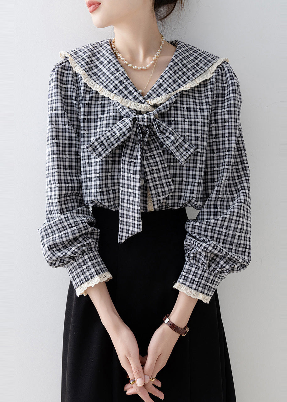 Black Plaid Cotton Top Peter Pan Collar Bow Spring