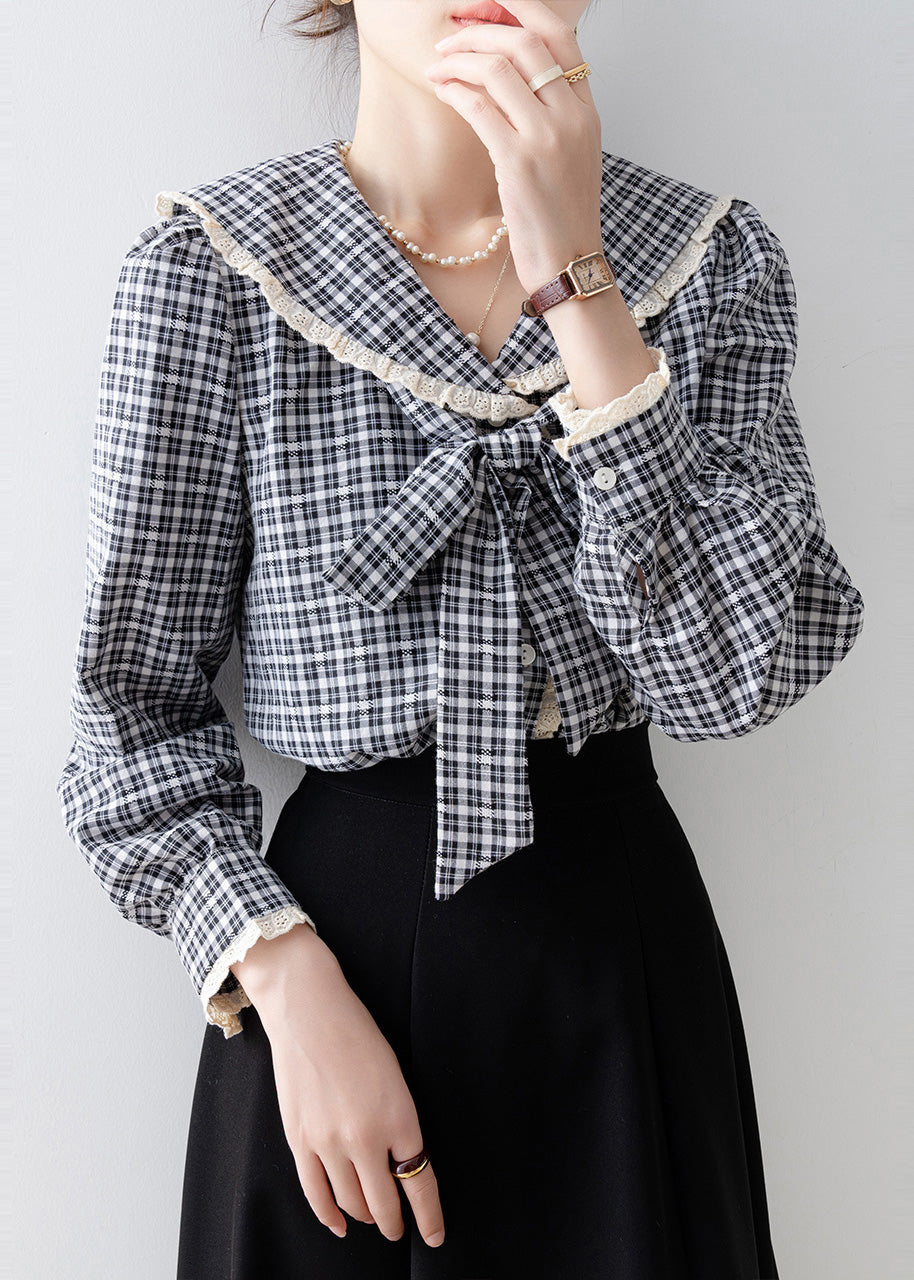 Black Plaid Cotton Top Peter Pan Collar Bow Spring