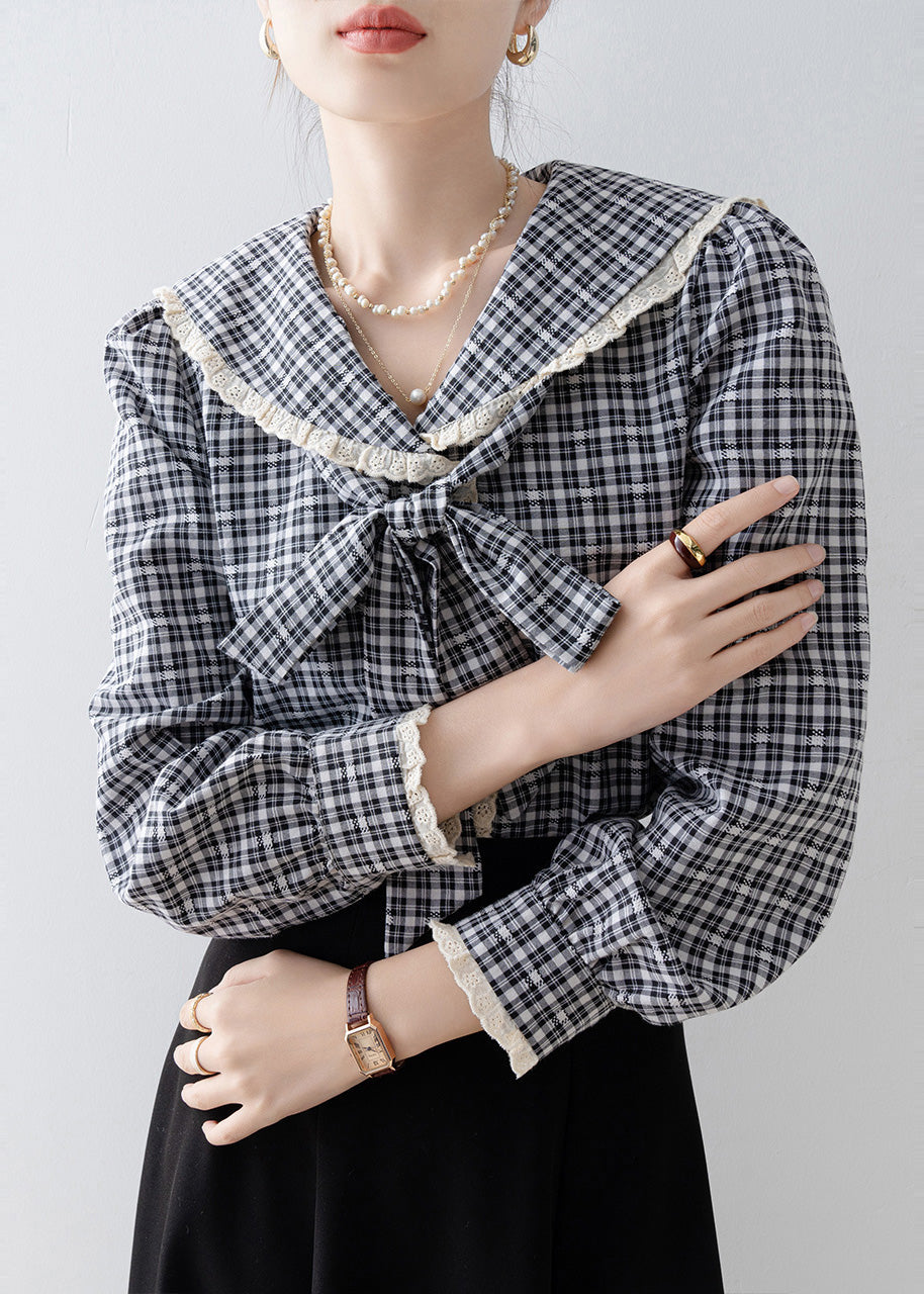 Black Plaid Cotton Top Peter Pan Collar Bow Spring