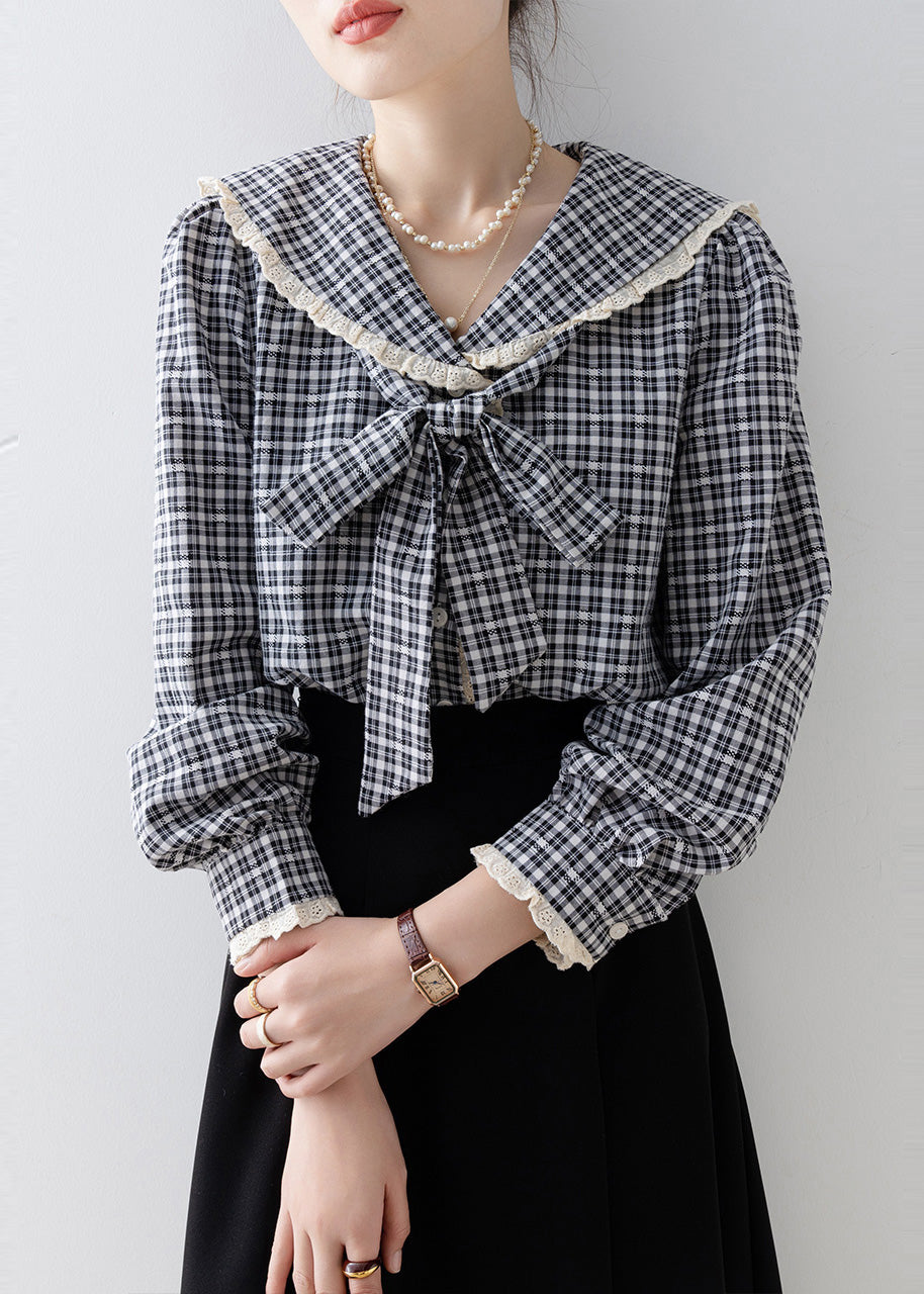 Black Plaid Cotton Top Peter Pan Collar Bow Spring