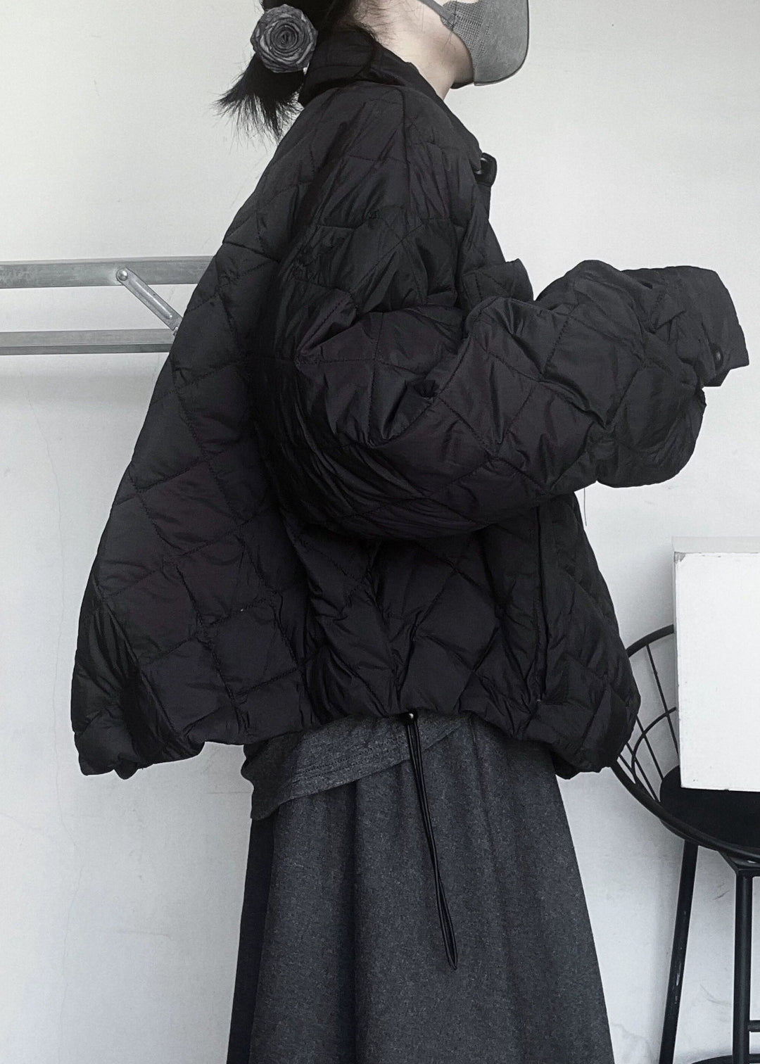 Black Plaid Fine Cotton Filled Jacket Oversized Drawstring Winter