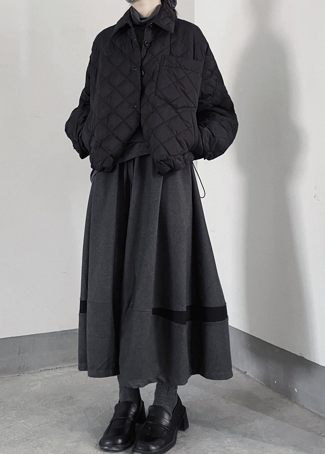 Black Plaid Fine Cotton Filled Jacket Oversized Drawstring Winter