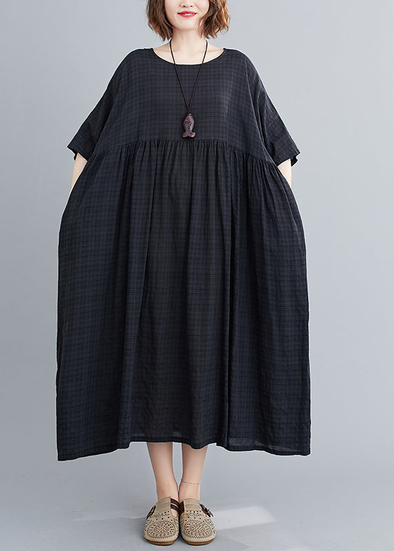 Black Plaid Patchwork Long Dresses Short Sleeve