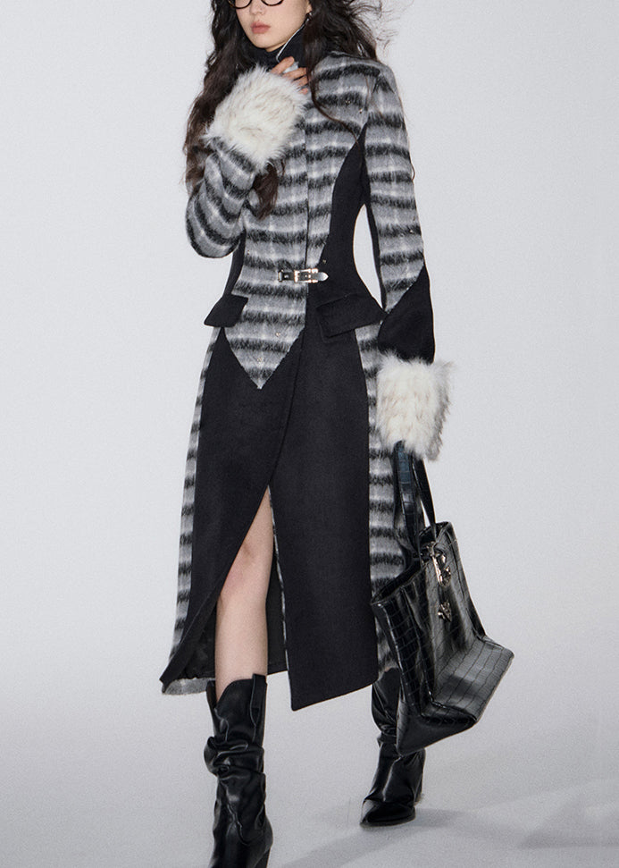 Black Plaid Patchwork Woolen Peter Pan Collar Winter