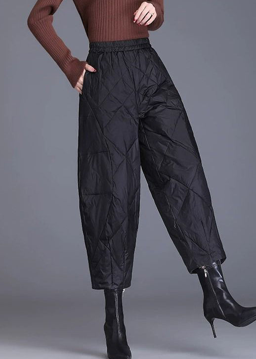 Black Plaid Solid Fine Cotton Filled Crop Pants Elastic Waist