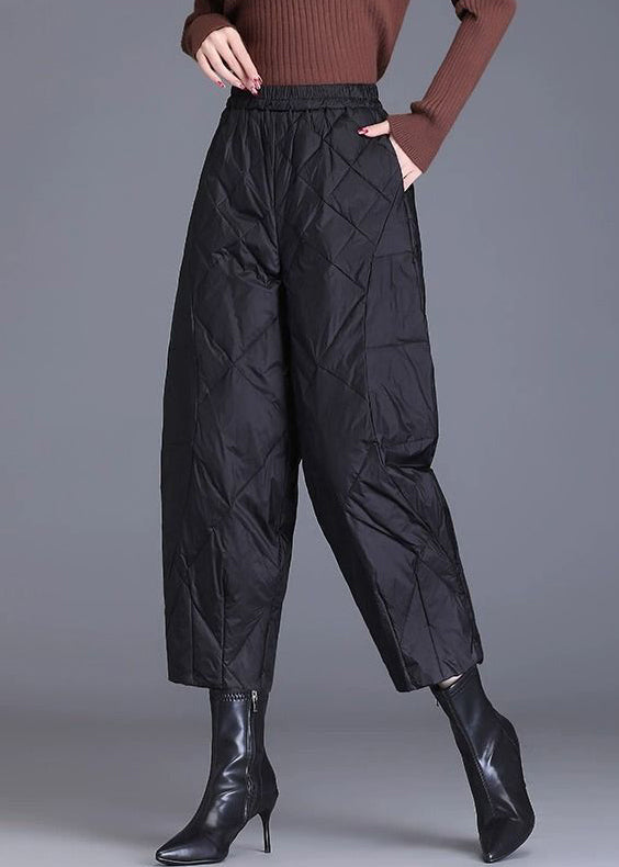Black Plaid Solid Fine Cotton Filled Crop Pants Elastic Waist