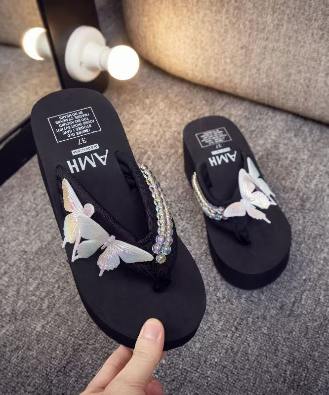 Black Platform Faux Leather Retro Butterfly Flip Flops